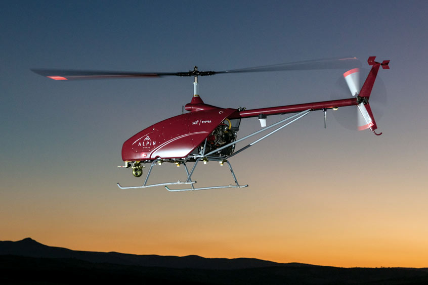 UAVOS's new converted Alpin unmanned helicopter, jointly developed with TITRA, and based on the piloted Italian Heli-Sport CH7.