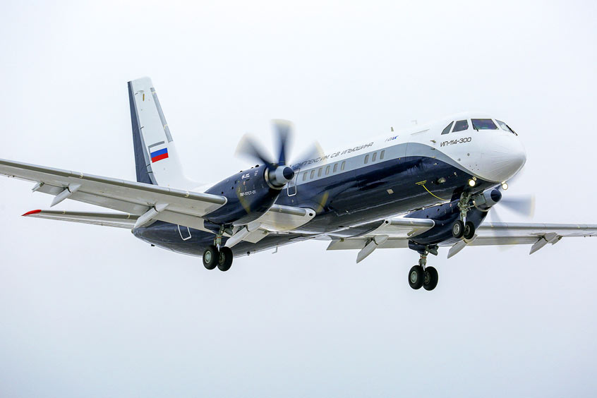 The new variant, Il-114-300 regional passenger turboprop aircraft during its maiden flight.