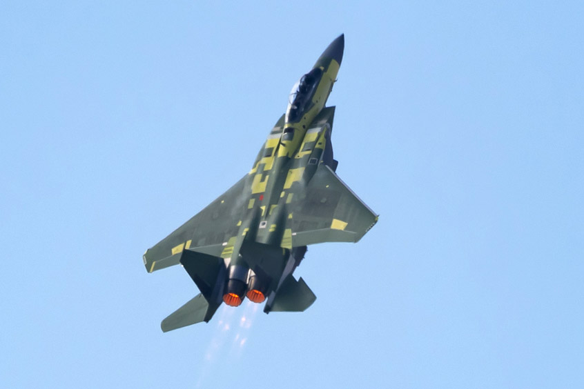 The F-15EX fighter jet demonstrates a vertical “Viking” departure during its first flight on Feb. 2, 2021. (Boeing photo by Eric Shindelbower)