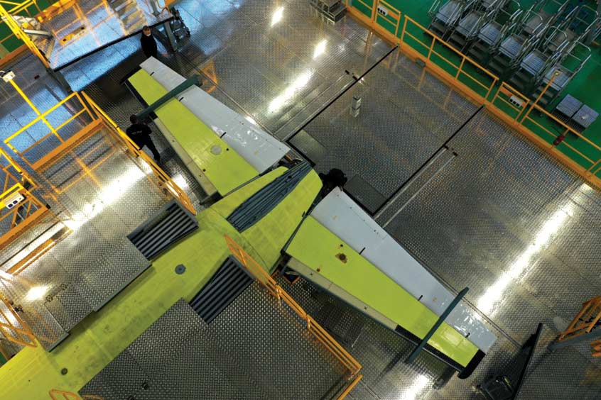 Assembly of the updated airframe of the second prototype of the Il-114-300 regional turboprop passenger aircraft. (Photo: Ilyushin)