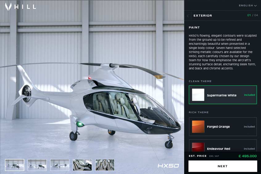The new HX50 online configurator to personalise your HX50. (Hill Helicopters)
