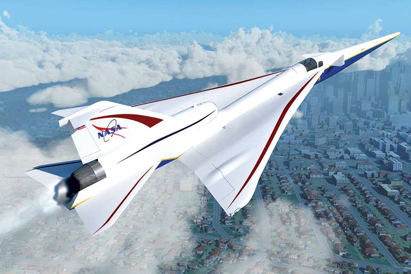 NASA’s X-59 Quiet SuperSonic Technology aircraft, or QueSST, is designed to fly faster than the speed of sound without producing a loud, disruptive sonic boom, which is typically heard on the ground below aircraft flying at such speeds. (Photo: NASA)