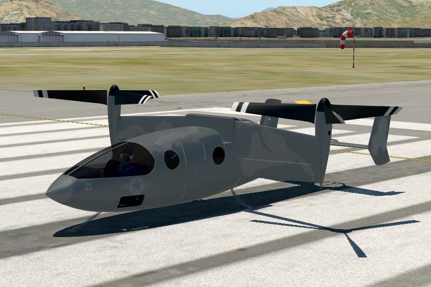 Flight simulation of a Vy 400AF in helicopter mode prior to takeoff for a high-speed casualty evacuation (CASEVAC) mission. (Photo: Transcend Air)