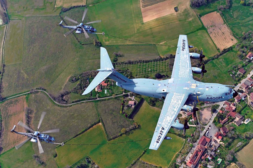An A400M successfully conducted air-to-air refuelling with two H225M helicopters.