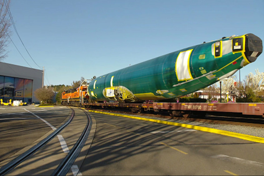 Norway’s first P-8A Poseidon aircraft arrives by rail car in Renton, Washington, ready for final assembly.