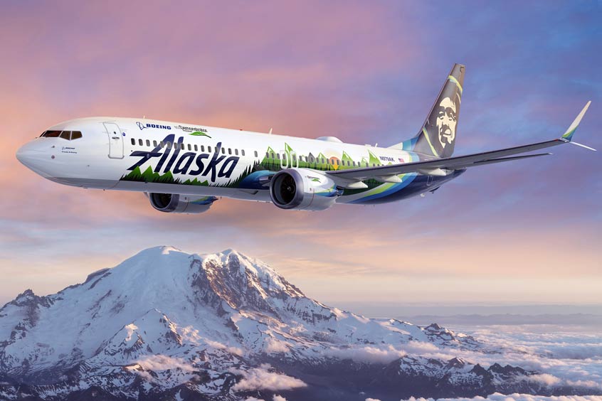 An Alaska Airlines 737-9 is serving as the flying test lab for Boeing's 2021 ecoDemonstrator program, which will evaluate about 20 technology projects. (Photo: Boeing rendering)