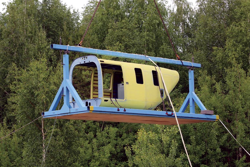 A section of the Ansat helicopter fuselage with an additional fuel tank installed inside the passenger cabin was dropped from a height of 15.2 metres.
