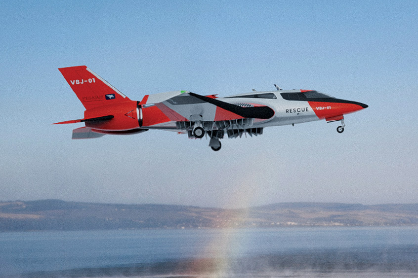 The Pegasus Vertical Business Jet (VBJ) is a business jet powered by a hybrid powerplant with a fan-in-wing configuration that has vertical take-off and landing (eVTOL) capability. (Photo: Pegasus Universal Aerospace)