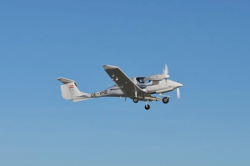 The multi-engine hybrid electric aircraft shortly after take-off.