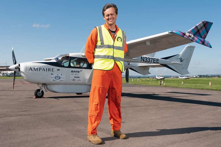 Electric EEL with Ampaire Test Pilot Elliot Seguin who flew the aircraft 418 miles from Perth, Scotland to Exeter - a record for hybrid electric flight. (Photo: Ampaire)