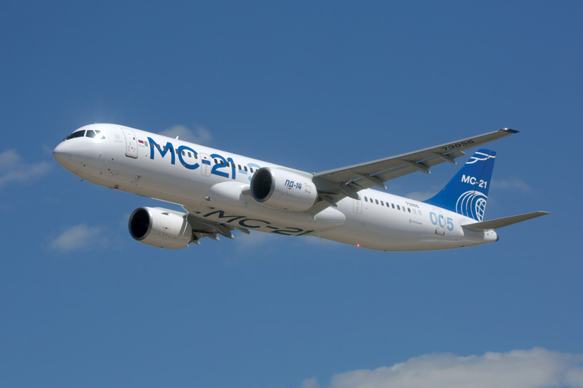 The MC-21-310 aircraft with the new Russian PD-14 engines during its demonstration flight. (Photo: United Aircraft Corporation)