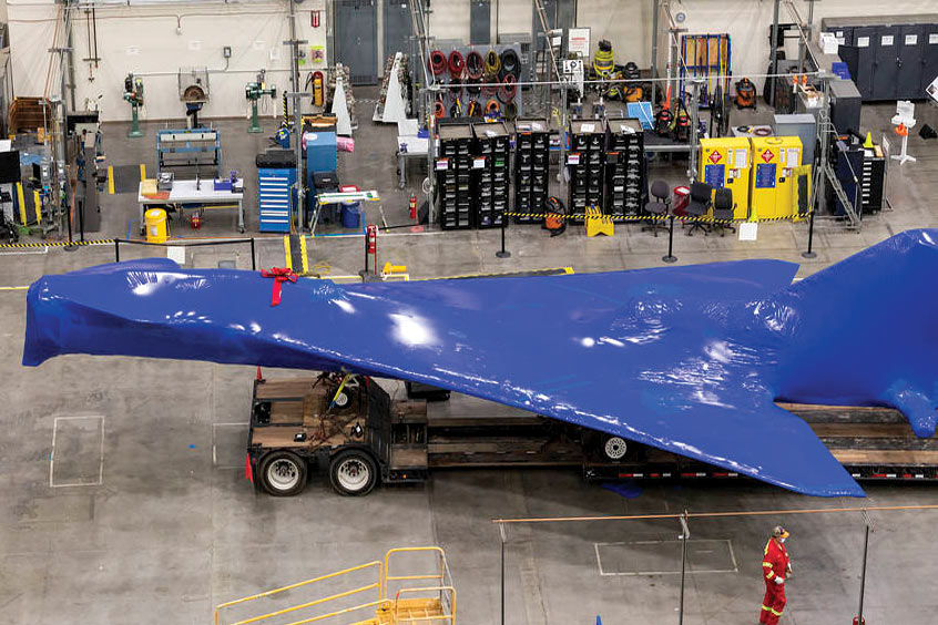 NASA’s X-59 Quiet SuperSonic Technology aircraft (QueSST) is pictured here at Lockheed Martin Skunk Works in California, wrapped up in preparation for its move to Texas.