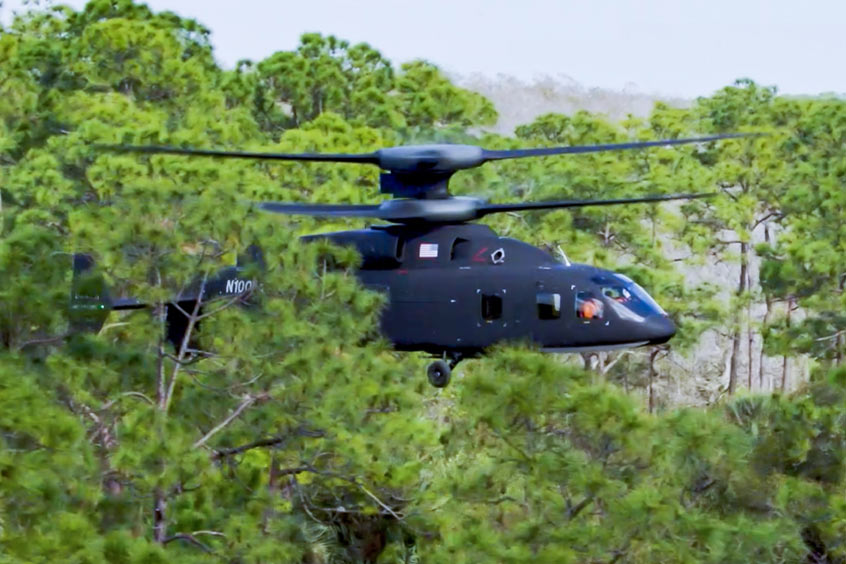 The SB>1 DEFIANT Technology Demonstrator recently executed a confined area landing among the trees in south Florida as part of the Lockheed Martin Sikorsky-Boeing team's effort to validate aircraft design and relevance to the Army's Future Long Range Assault Aircraft mission profile. (Photo: Lockheed Martin Sikorsky-Boeing)