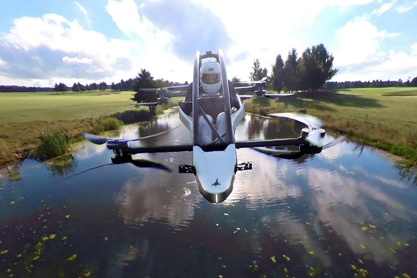 Jetson the Swedish pioneering company behind Jetson ONE released a new video of the world's  first commercially available eVTOL or “flying motorcycle” flying over water. (Photo: Jetson)