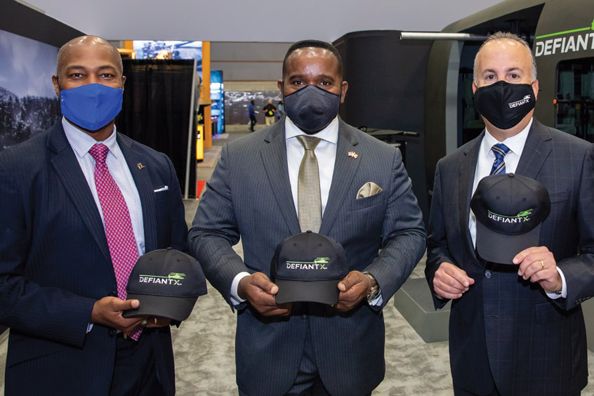 Mark Cherry, vice president and general manager, Boeing Vertical Lift; Ricky Freeman, president, Defense & Space at Honeywell Aerospace and Paul Lemmo, president of Sikorsky celebrate Honeywell’s selection as engine provider for Defiant X.
