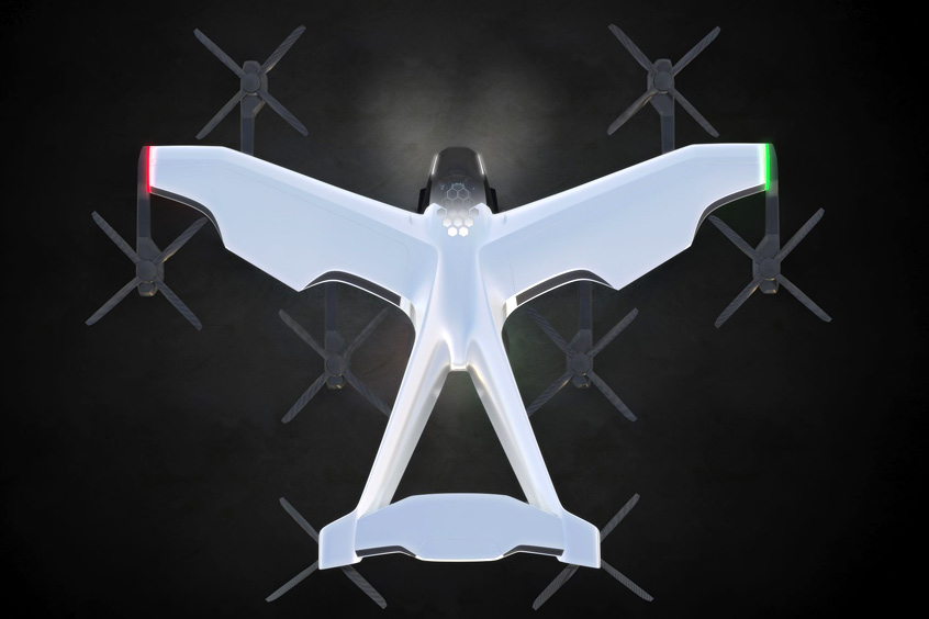 The fully electric CityAirbus NextGen is an eVTOL prototype equipped with fixed wings, a V-shaped tail, and eight electrically powered propellers as part of its distributed propulsion system.