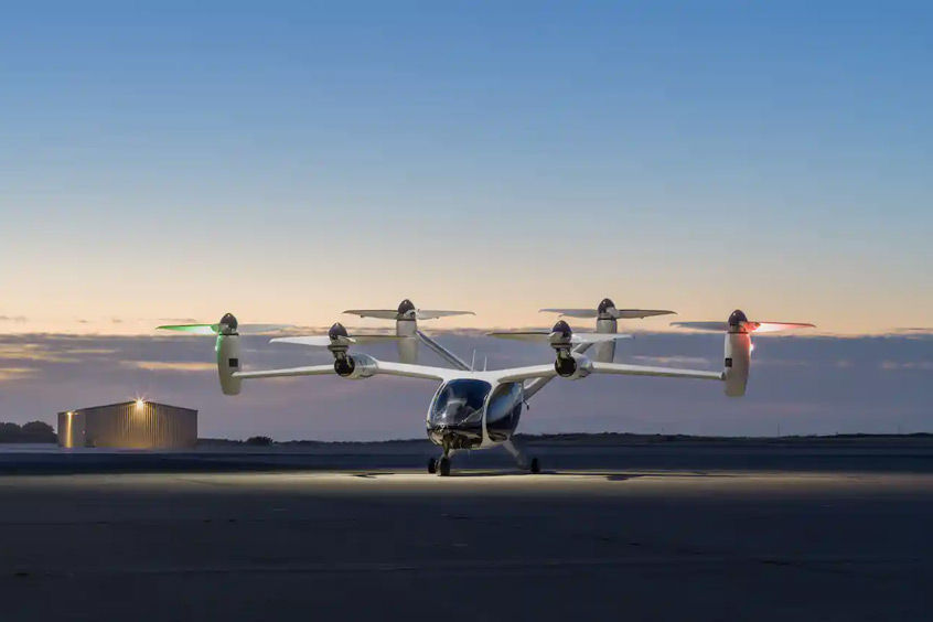 Joby’s all-electric, vertical take-off and landing aircraft primed for flight at the company’s manufacturing and flight testing facility in Marina, California.