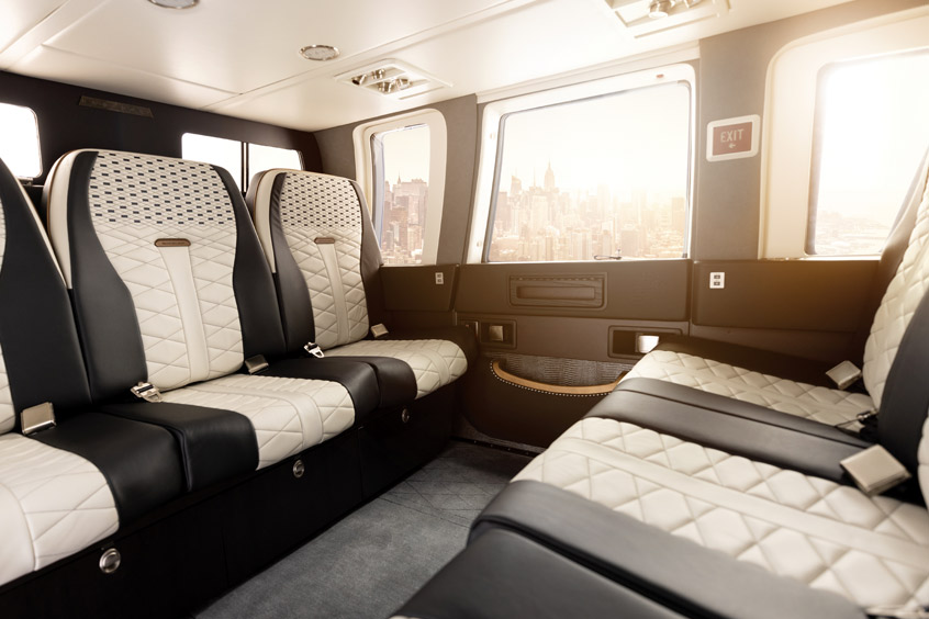 The Sikorsky S-76 features an LXi cabin collection interior inspired by the Bentley Mulliner Bacalar car.