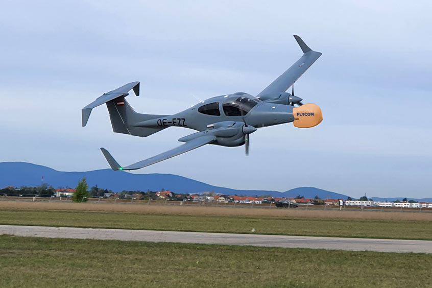 The DA42 MPP GeoStar is configured to carry various Riegl Lidar sensors as well as medium format camera payloads, all mounted in a dedicated nose pod.
