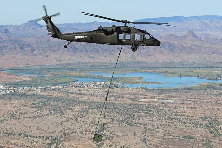 Sikorsky demonstrates to the U.S. Army for the first time how an optionally piloted Black Hawk helicopter flying in autonomous mode could resupply forward forces. These uninhabited Black Hawk flights occurred in October at Yuma Proving Ground in Arizona. Photo: Sikorsky.