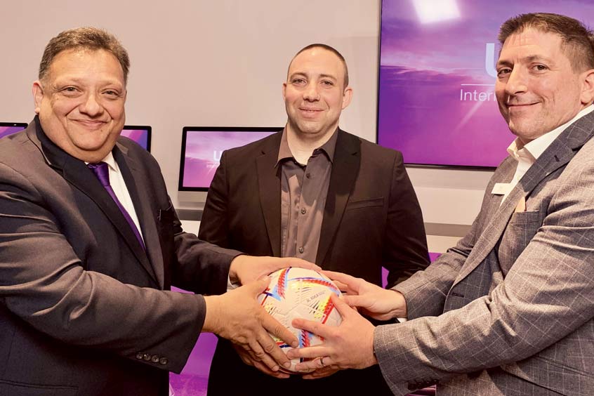 UAS head of strategy development Duke LeDuc, Osprey Flight Solutions head of intelligence Matt Borie and myairops president and managing director Tim Ford keep their eyes on the FIFA ball.