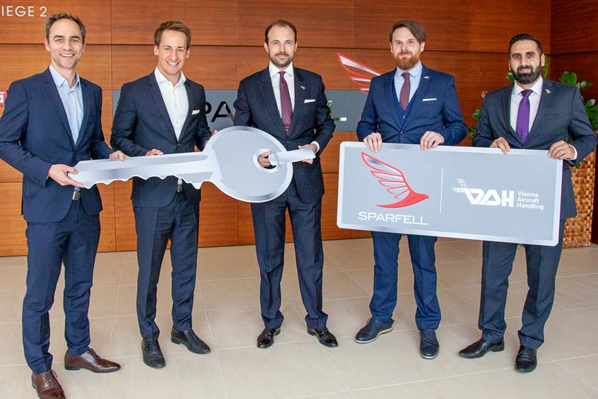 Vienna Aircraft Handling COO Michael Zach and commercial MD Christoph Schmidt with Sparfell CEO Edward Queffelec, MD Bernhard Wipfler and CFO Eliyo Akin.