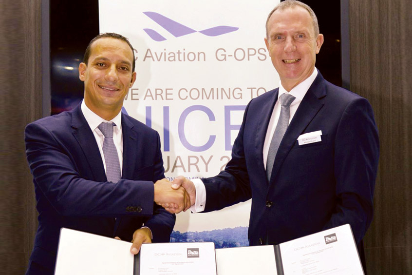 G-Ops CEO Karim Berrandou and DC Aviation CEO Michael Kuhn formalise the FBO agreement at MEBAA.