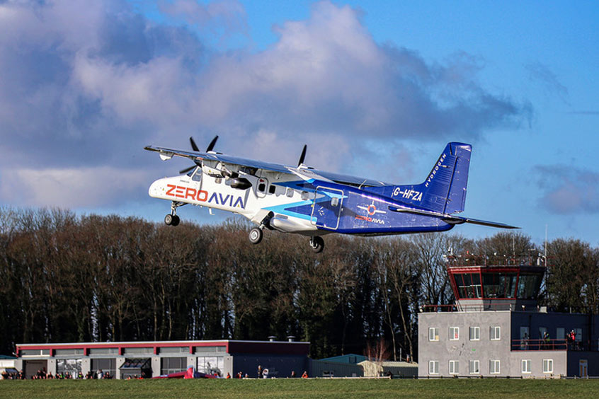 The 19 seat Dornier 228 twin-engine aircraft takes to the sky in testbed configuration for first flight as part of the HyFlyer II project.