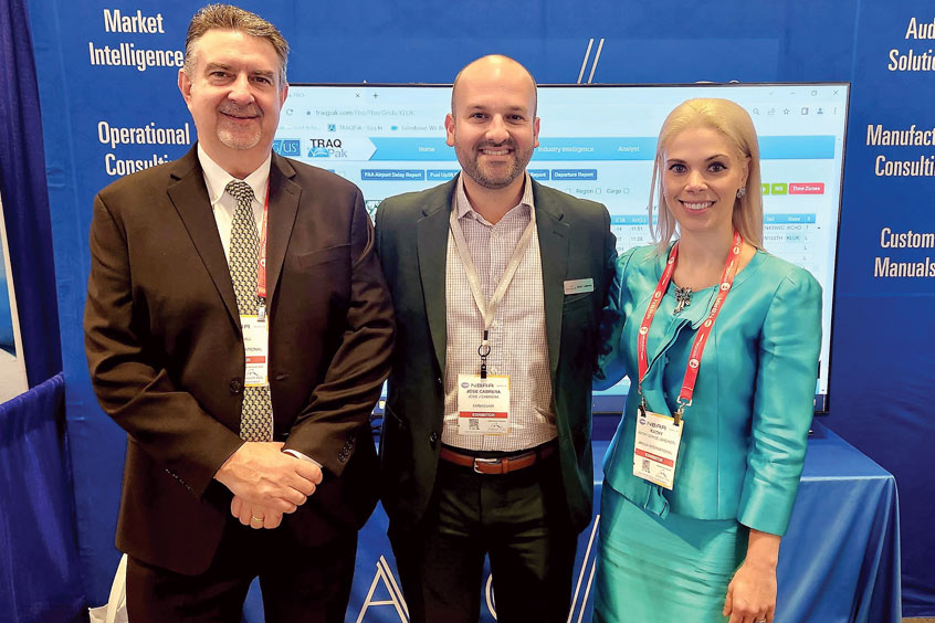 ARGUS VP of business aviation Ed Wandall with Embassair director Jose Cabrera and ARGUS North America sales manager Kathy Gokce.