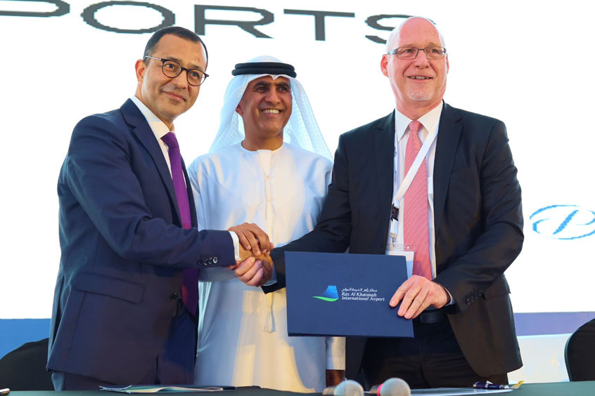 President and founder of VPorts Dr. Fethi Chebil, chairman of the department of civil aviation at Ras Al-Khaimah His Highness Eng. Salem bin Sultan Al Qasimi and CEO of Ras Al-Khaimah airport Ralf Schustereder.