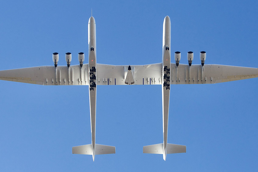 Stratolaunch's Roc launch aircraft takes off from Mojave Air and Space Port on its tenth flight and third captive carry with the Talon-A separation test vehicle, TA-1, on April 1, 2023.