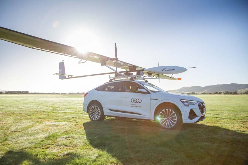 Kea Atmos Mk1 solar-powered stratospheric aircraft ready for launch on an electric Audi.