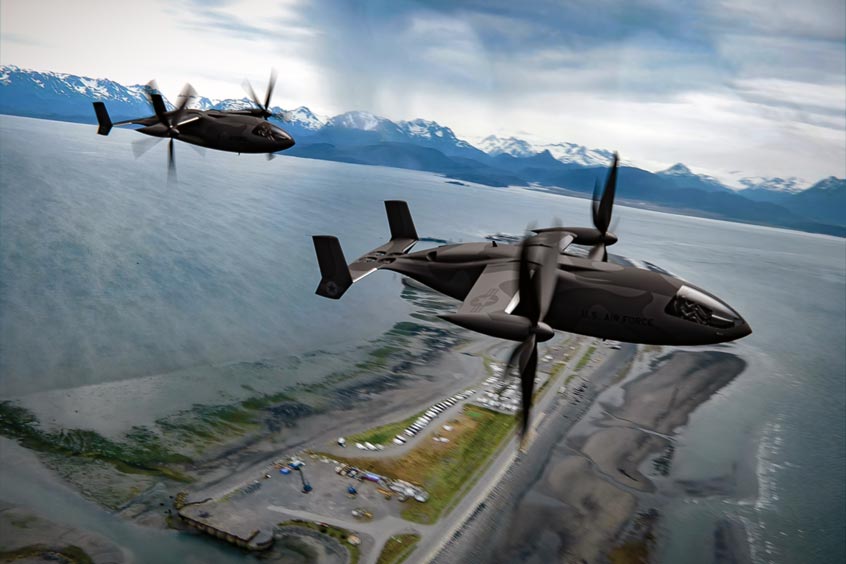 A pair of Transcend militarized Vy variants depicted on a training flight over Homer, Alaska