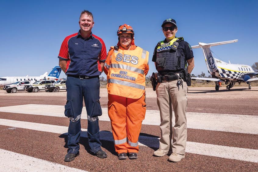 RFDS SA/NT head of flight operations Damien Heath, SES volunteer Petta and SAPOL sergeant Amanda Francis during the exercise.