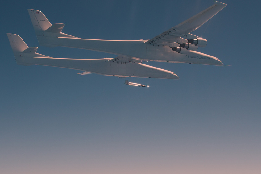 Stratolaunch successfully releases the Talon-0 (TA-0) separation test vehicle from its Roc air launch platform on May 13, 2023.
