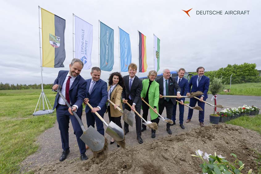 The management team of Deutsche Aircraft and stakeholders and representatives from Leipzig/Halle Airport, the German government and the Free State of Saxony met for a ground-breaking ceremony recently. Seen with shovels are: Nico Neumann, Sebastian Böhnl, Anastasija Visnakova, Götz Ahmelmann, Katrin Lässig, Dave Jackson, Michael Kretschmer and Daniel Riedl.