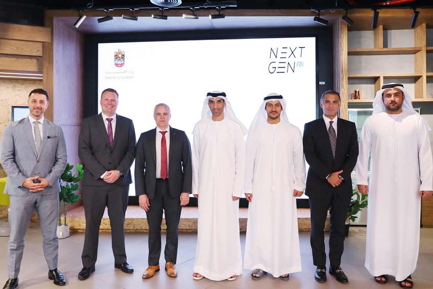 L to R: Odys representatives, Vincent Frascogna (VP of Business Development), Axel Radermacher (Co-Founder & Head of Product) and James Dorris (Co-Founder & CEO) with Dr Thani bin Ahmed Al Zeyoudi (Minister of State for Foreign Trade, UAE) (centre) and UAE officials.
