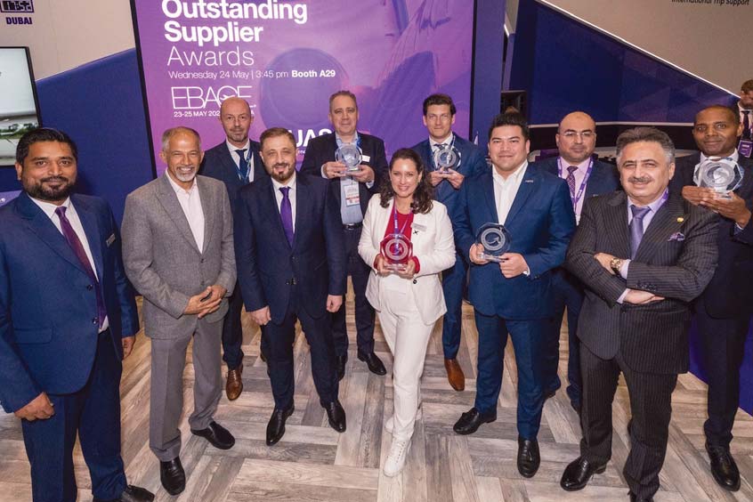 UAS International Trip Support honours global outstanding suppliers at EBACE 2023 hosted by UAS Co-founder Omar Hosari and supported by Ali Ahmed Naqbi, founding and executive chair, MEBAA.