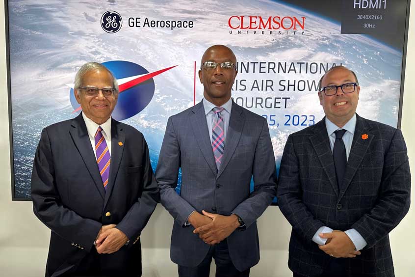 GE Aerospace and Clemson University officials at Paris Air Show (from left): Dr. Rajendra Bordia, chair professor of Ceramics and Materials Engineering at Clemson University;Tony Mathis, president and chief executive of GE Edison Works; Dr. Kyle Brinkman, chair of the Department of Materials Science and Engineering at Clemson University.