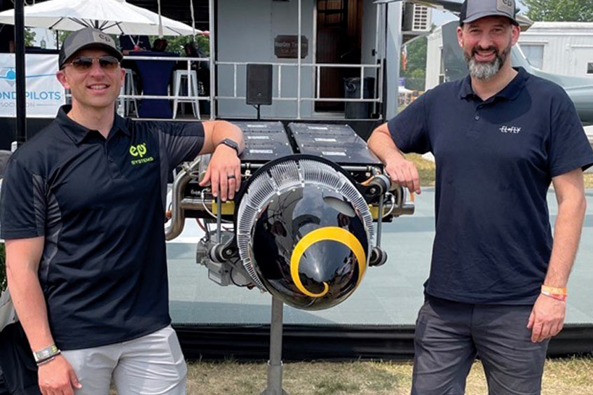 Pictured (from left to right) Nathan Millecam, Co-Founder and CEO of EPS, with Eric Lithun, Founder and CEO of Elfly, at EAA AirVenture Oshkosh 2023. 