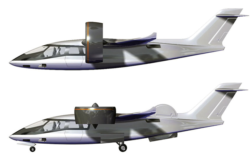 The TriFan 600 is being developed by XTI to combine the performance of fixed-wing business aircraft with VTOL capability. The images above are computer simulated graphics of the XTI TriFan 600.