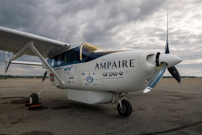 Ampaire’s hybrid-electric aircraft in Fairbanks, Alaska, on Aug. 13, 2023.
