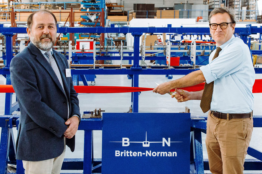 William Hynett CEO of Britten-Norman and Bob Seely MP for the Isle of Wight open the new production line. 