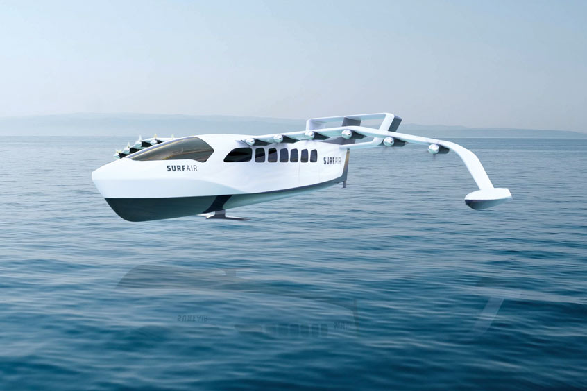 Artist's rendering of a 12 passenger seaglider flying in ground effect in coastal waters.