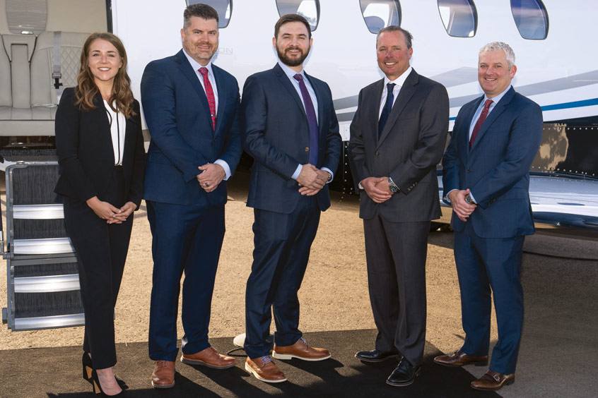 Textron regional sales director, Wisconsin & Illinois Alexis Bennett with Jet Out COO Matt Wild and CEO Joseph Crivello, Textron SVP, global sales and flight operations Lannie O’Bannion and VP, sales Jonathan Waggoner.