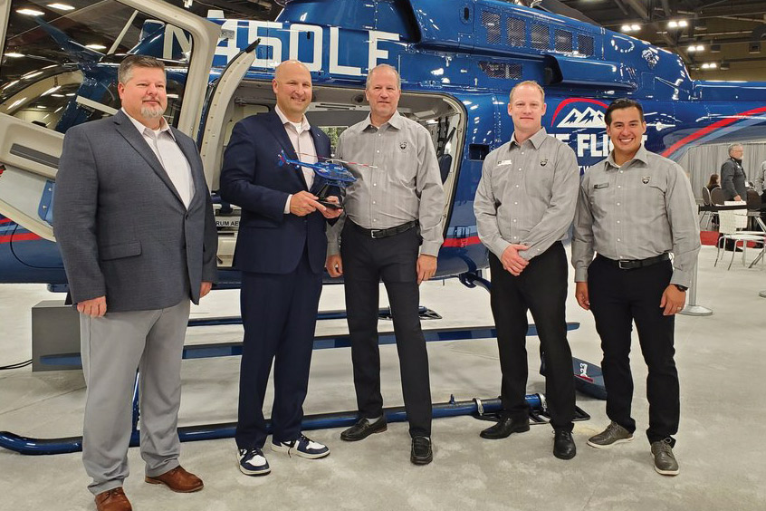 Life Flight Network COO Michael Weimer and CEO Ben Clayton with Bell managing director, North America Lane Evans, regional sales manager Robert Frey and sales representative Jeremy Pimentel.