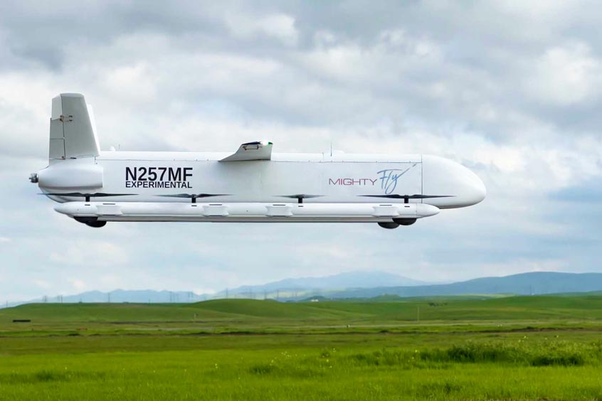 MightyFly's second-generation aircraft, Cento, performing autonomous hover flight in California in 2023