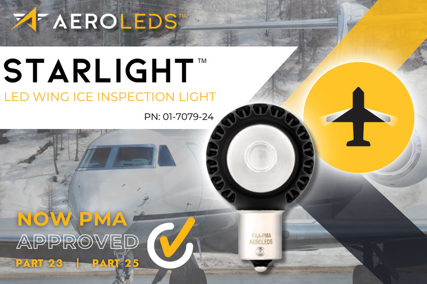 AeroLEDs has Parts Manufacturer Approval for its StarLight LED wing ice inspection light (PN: 01-7079-24).