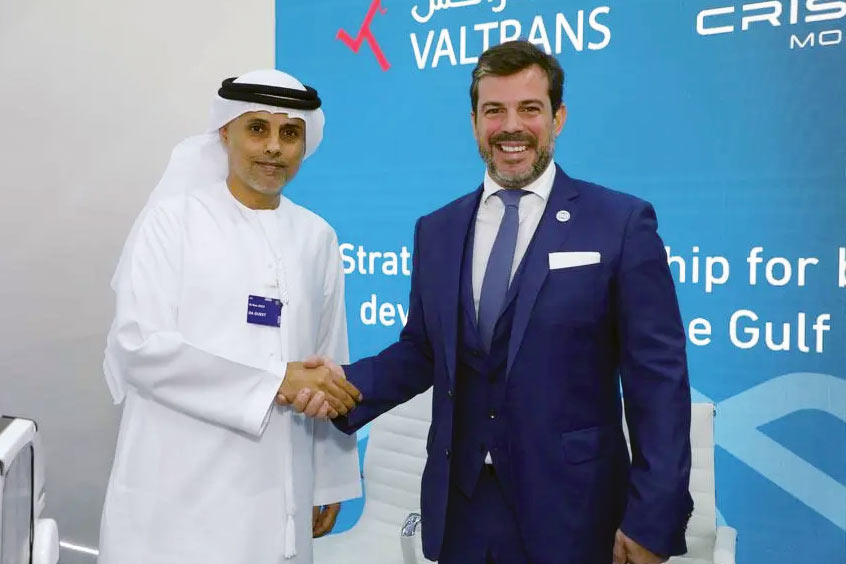 The official signing ceremony took place at the Dubai Airshow between Crisalion Mobility chairman Fernando Núñez Rebolo and Valtrans CEO Engr Mansoor Al Habtoor.