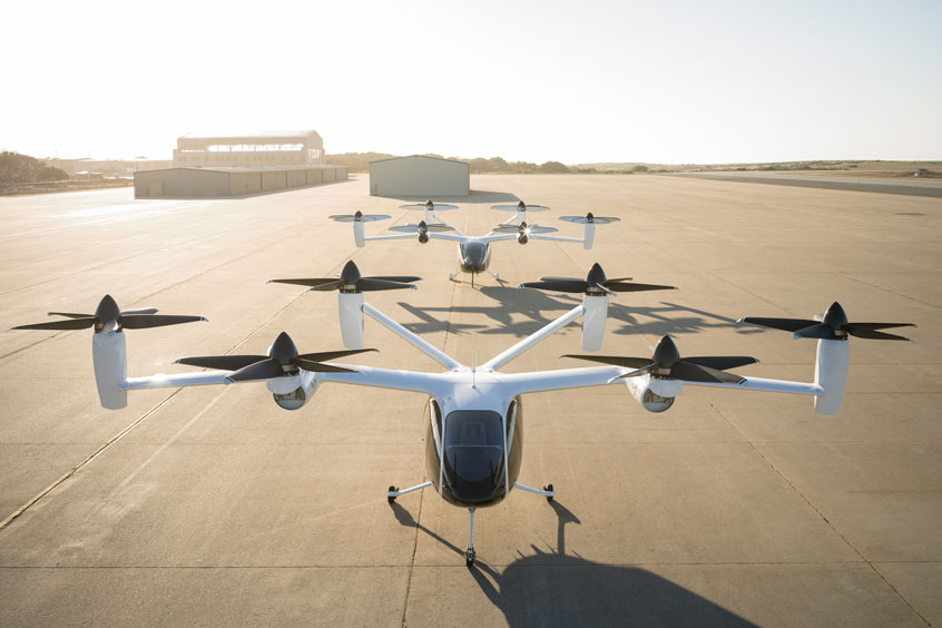 Two Joby aircraft at the company's manufacturing and flight testing facilities in Marina, California.